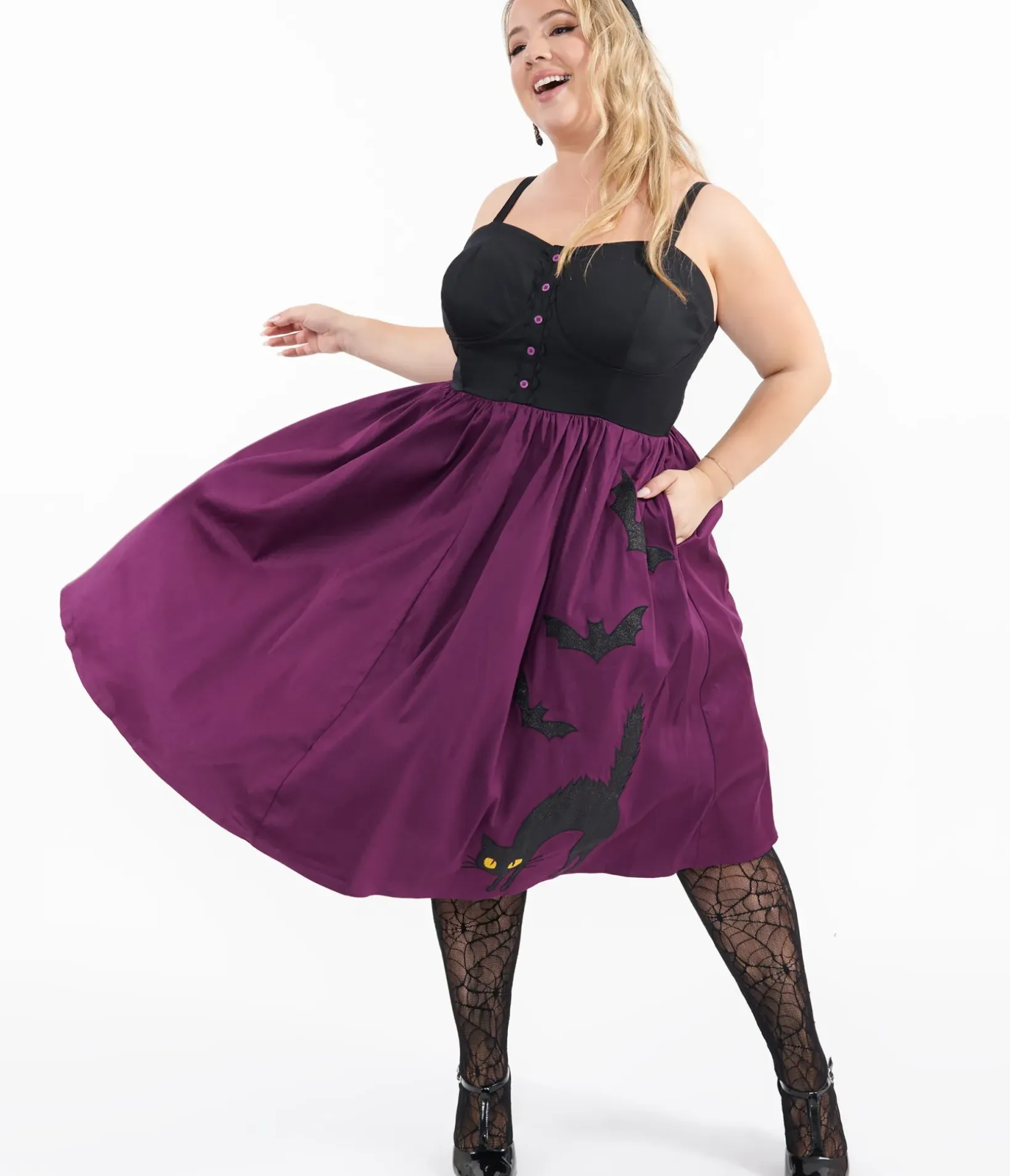 Unique Vintage Swing|Pocket Dresses>Plus Size 1950s Purple & Black Glitter Cat Swing Dress