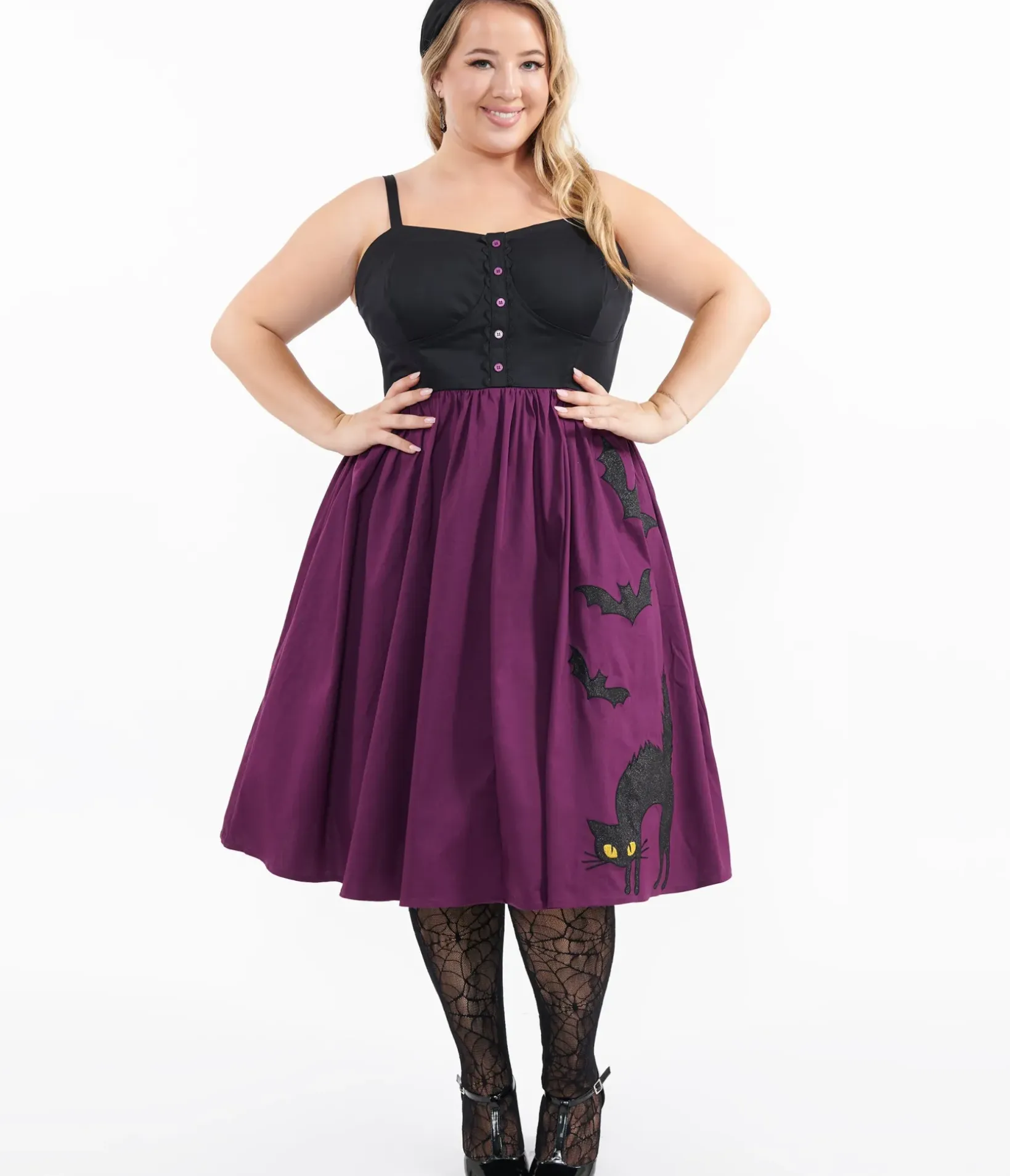 Unique Vintage Swing|Pocket Dresses>Plus Size 1950s Purple & Black Glitter Cat Swing Dress