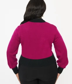 Unique Vintage Sweaters & Cardigans>Plus Size 1950s Purple Butterfly Sweater Cardigan