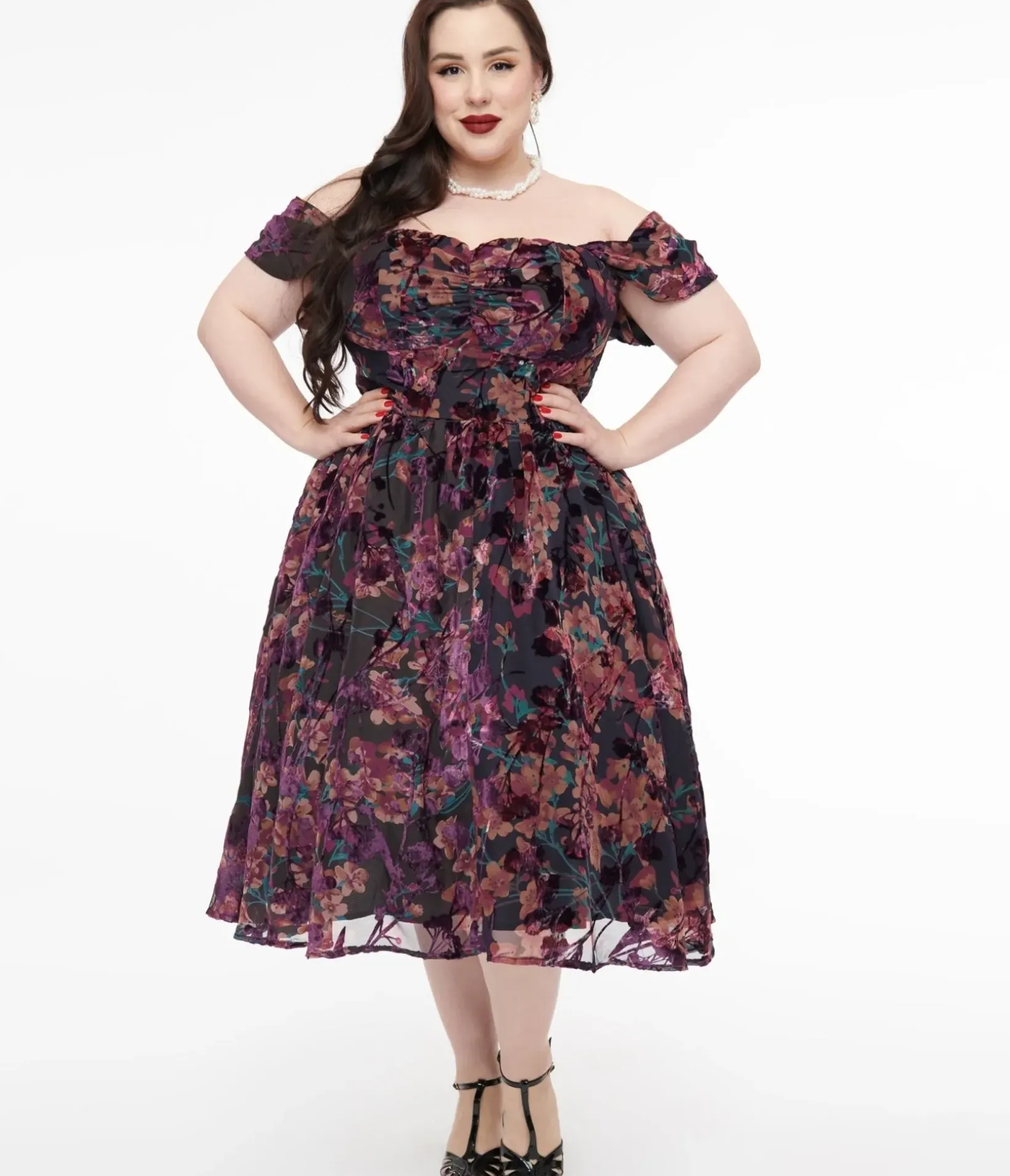 Unique Vintage Fit & Flare|Pocket Dresses>Plus Size 1950s Purple Floral Velvet Burnout Off Shoulder Flare Dress