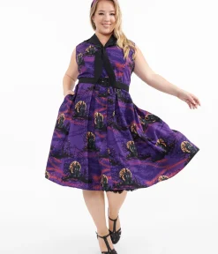 Unique Vintage Swing|Pocket Dresses>Plus Size 1950s Purple Halloween Print Edith Swing Dress