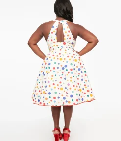 Unique Vintage Swing|Pocket Dresses>Plus Size 1950s Rainbow Polka Dot Cotton Halter Swing Dress