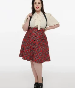 Unique Vintage Skirts|Skirts>Plus Size 1950s Red Bias Plaid Suspender Flare Skirt