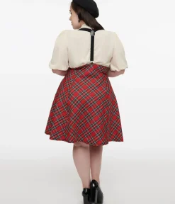 Unique Vintage Skirts|Skirts>Plus Size 1950s Red Bias Plaid Suspender Flare Skirt