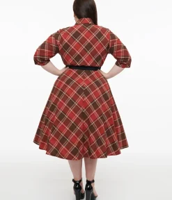 Unique Vintage Swing|Pocket Dresses>Plus Size 1950s Red & Brown Bias Plaid Swing Dress