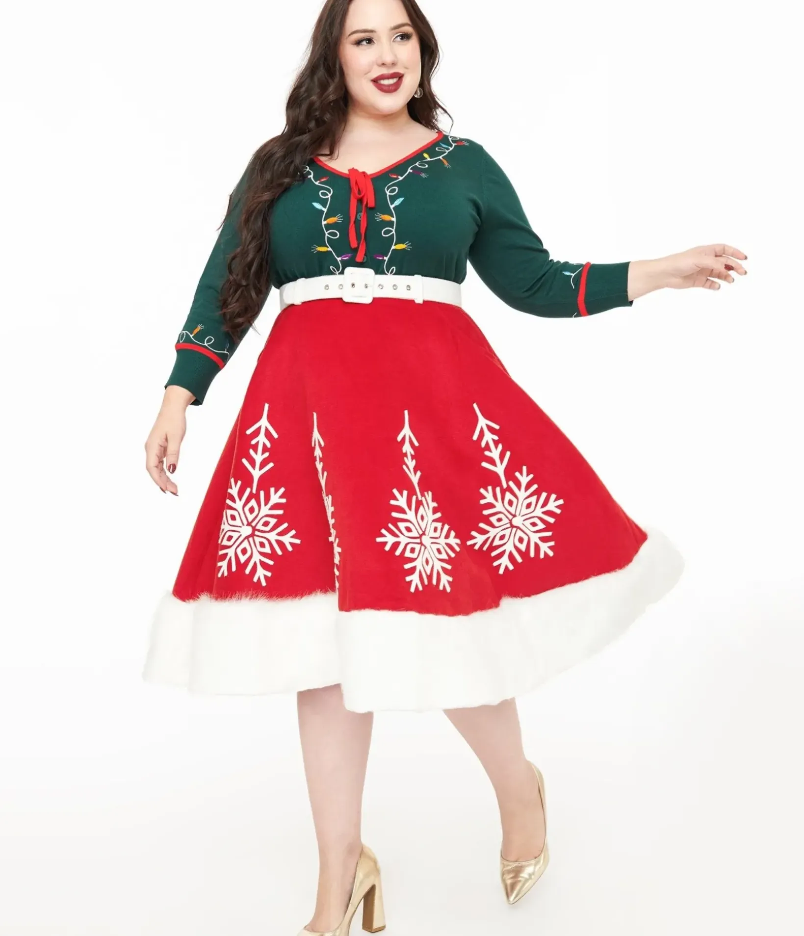 Unique Vintage Skirts|Skirts>Plus Size 1950s Red Felt & White Fur Snowflake Soda Shop Swing Skirt