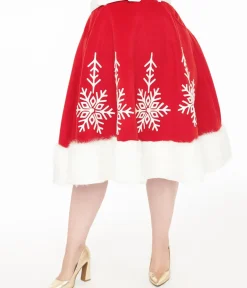 Unique Vintage Skirts|Skirts>Plus Size 1950s Red Felt & White Fur Snowflake Soda Shop Swing Skirt