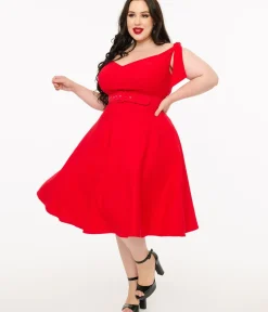 Unique Vintage Swing|Pocket Dresses>Plus Size 1960s Red Off The Shoulder Swing Dress