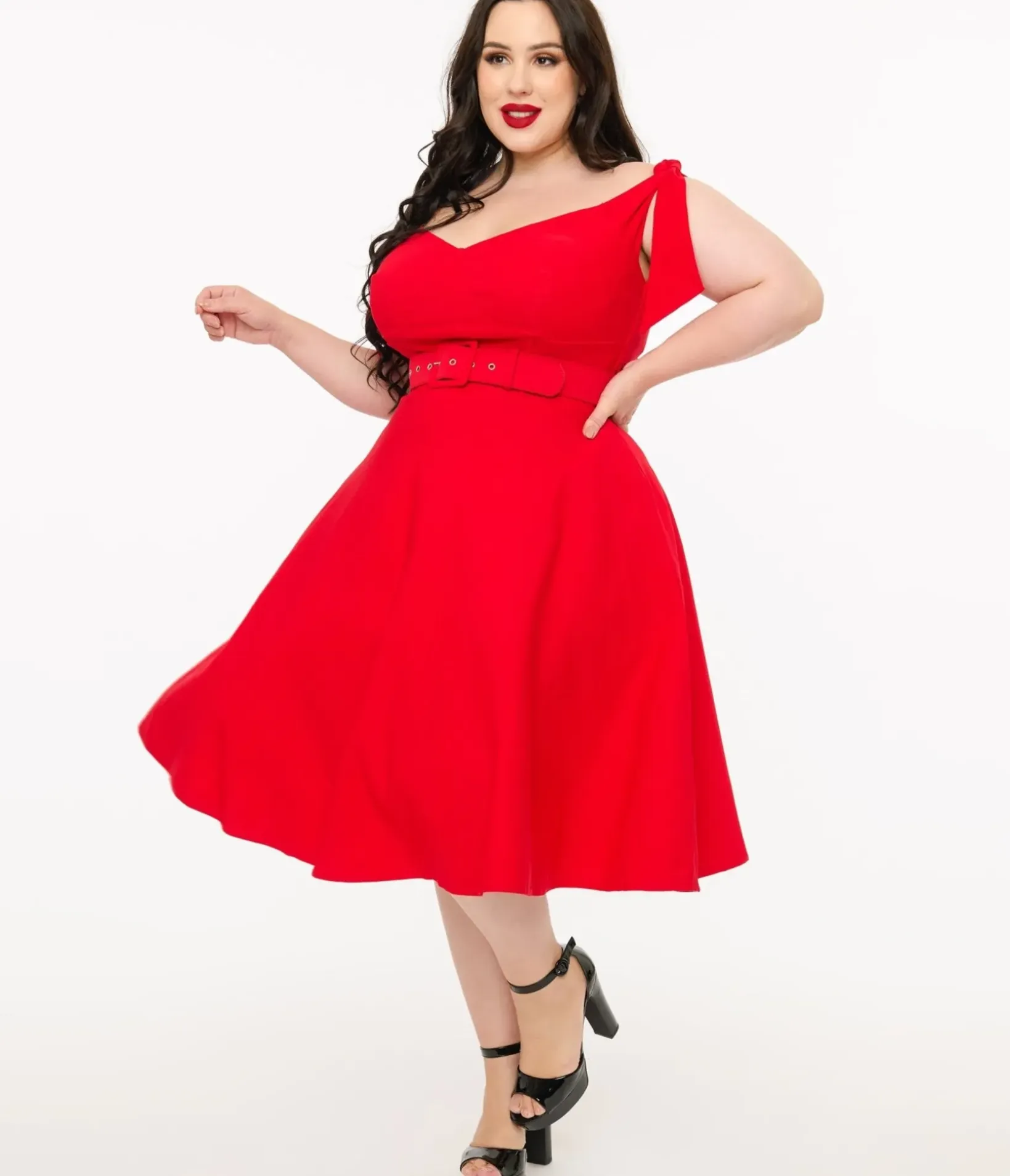 Unique Vintage Swing|Pocket Dresses>Plus Size 1960s Red Off The Shoulder Swing Dress