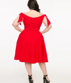 Unique Vintage Swing|Pocket Dresses>Plus Size 1960s Red Off The Shoulder Swing Dress
