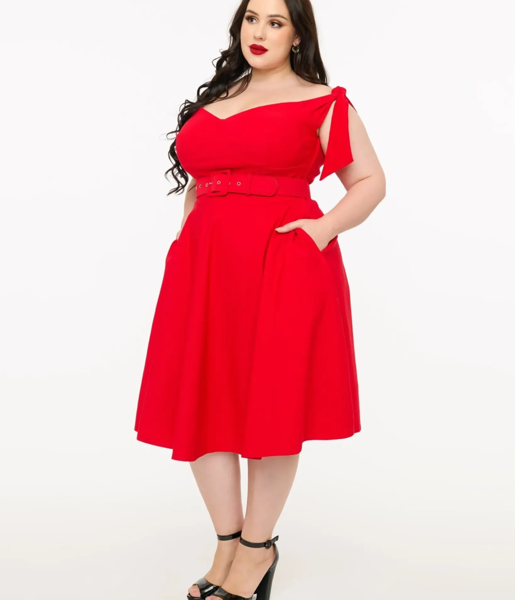Unique Vintage Swing|Pocket Dresses>Plus Size 1960s Red Off The Shoulder Swing Dress