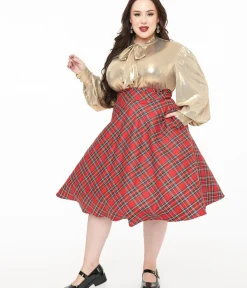 Unique Vintage Skirts|Skirts>Plus Size 1950s Red Plaid High Waist Vivien Swing Skirt