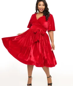 Unique Vintage Swing|Pocket Dresses>Plus Size 1940s Red Velvet Flutter Sleeve Swing Dress
