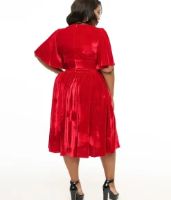 Unique Vintage Swing|Pocket Dresses>Plus Size 1940s Red Velvet Flutter Sleeve Swing Dress