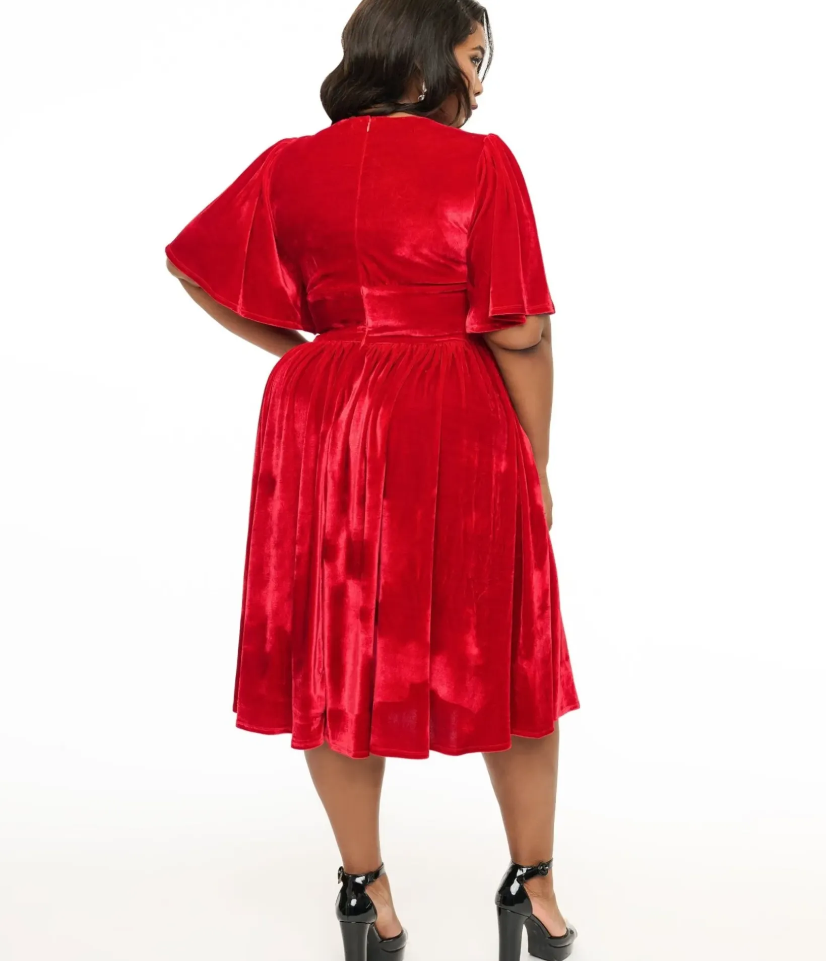 Unique Vintage Swing|Pocket Dresses>Plus Size 1940s Red Velvet Flutter Sleeve Swing Dress