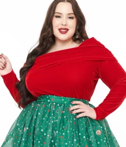 Unique Vintage All Things Red>Plus Size 1960s Red Velvet Folded Shoulder Knit Top