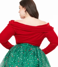 Unique Vintage All Things Red>Plus Size 1960s Red Velvet Folded Shoulder Knit Top