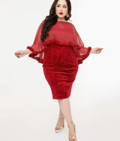 Unique Vintage Pencil|Pencil>Plus Size 1960s Red Velvet Ruffle Capelet Wiggle Dress
