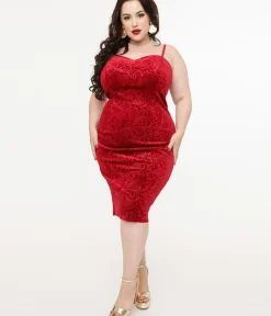 Unique Vintage Pencil|Pencil>Plus Size 1960s Red Velvet Ruffle Capelet Wiggle Dress