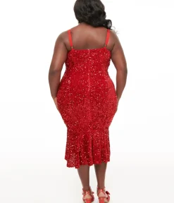 Unique Vintage Pencil|Pencil>Plus Size 1970s Red Velvet Sequin Rizzo Wiggle Dress