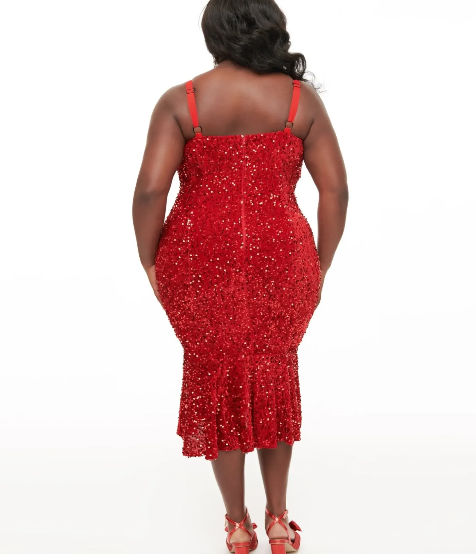 Unique Vintage Pencil|Pencil>Plus Size 1970s Red Velvet Sequin Rizzo Wiggle Dress