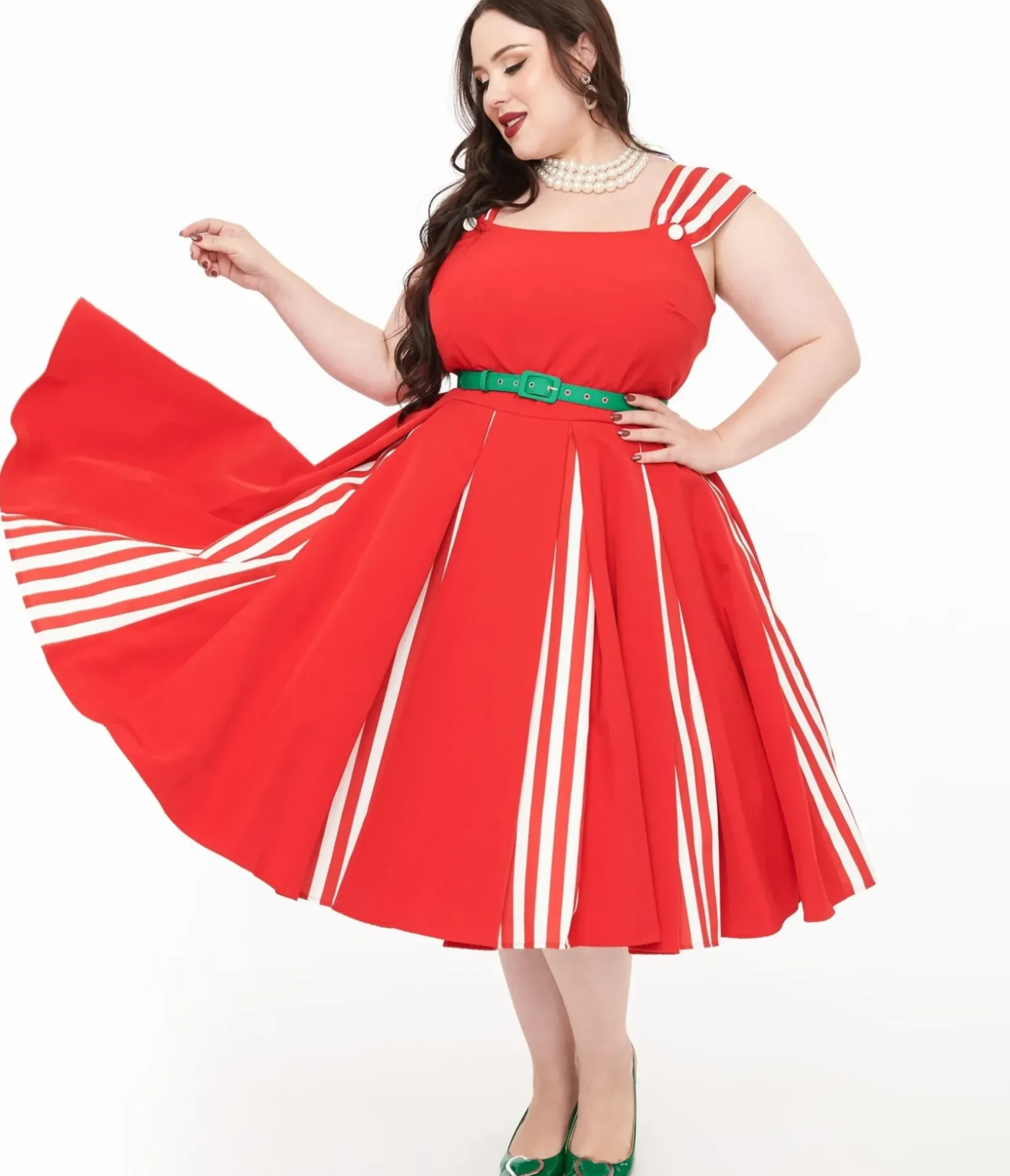 Unique Vintage Swing|Swing>Plus Size 1950s Red & White Stripe Swing Dress