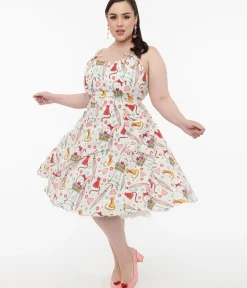 Unique Vintage Swing|Pocket Dresses>Plus Size 1950s Red & Yellow Cat Print Cotton Bobbie Swing Dress
