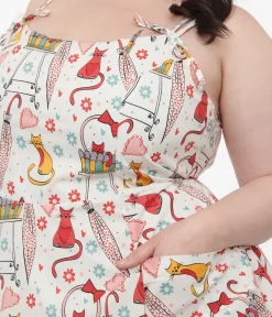 Unique Vintage Swing|Pocket Dresses>Plus Size 1950s Red & Yellow Cat Print Cotton Bobbie Swing Dress