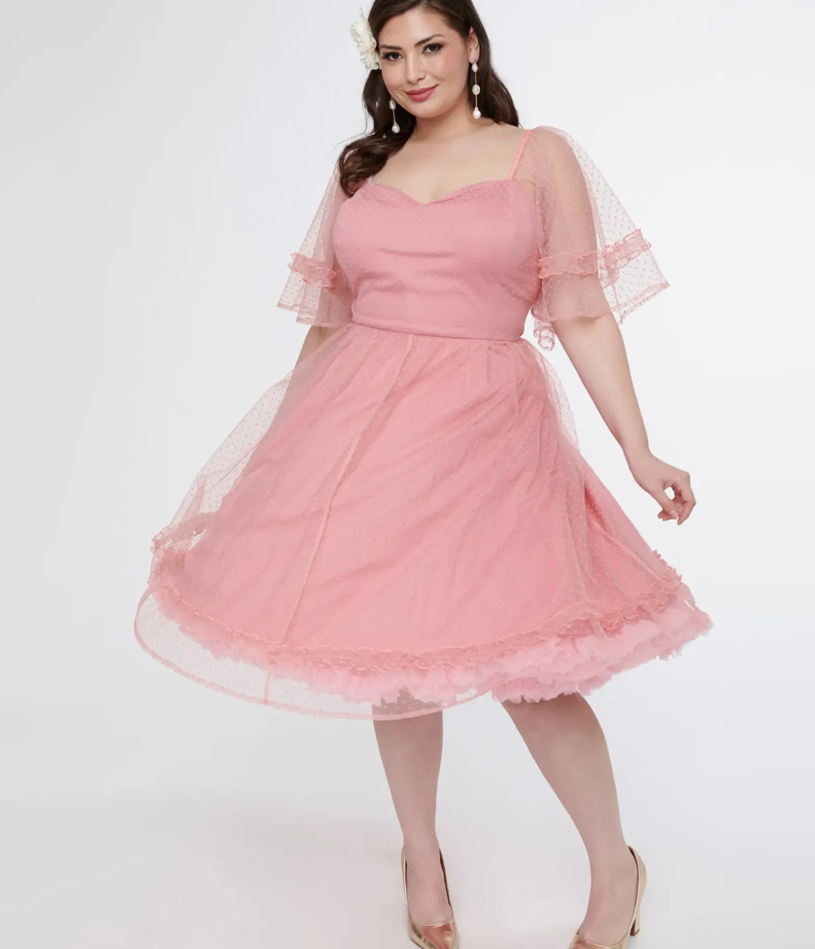 Unique Vintage Swing|Swing>Plus Size 1950s Rose Ruffle Sweetheart Swing Dress