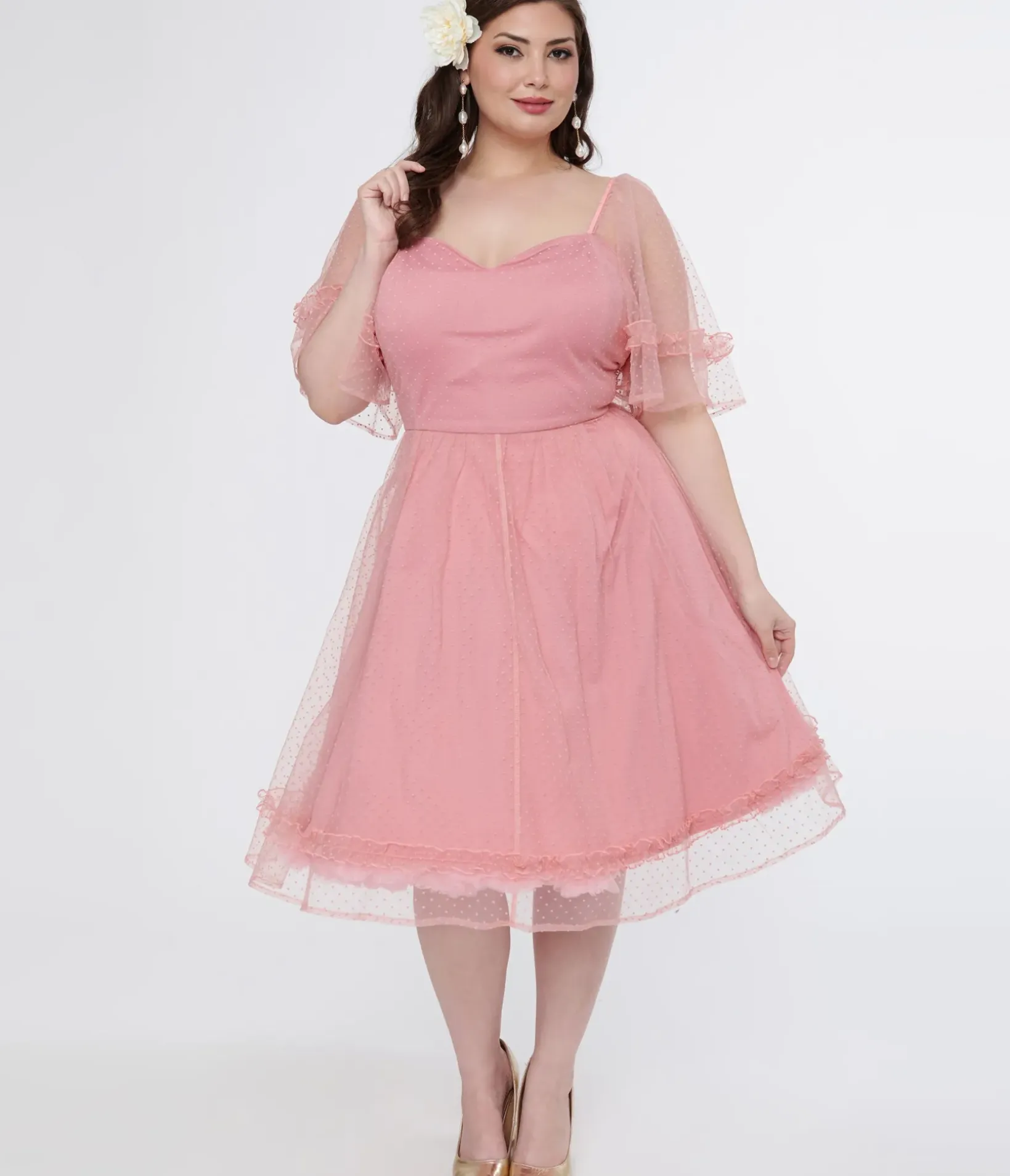 Unique Vintage Swing|Swing>Plus Size 1950s Rose Ruffle Sweetheart Swing Dress