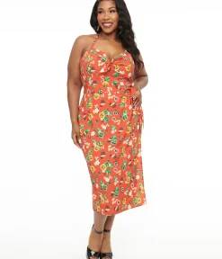 Unique Vintage Pencil|Pencil>Plus Size 1950s Rust & June-O-Ween Fruit Print Leilani Sarong Dress