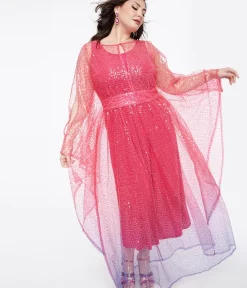 Unique Vintage Maxi|Caftans>Plus Size 1970s Sheer Pink & Purple Ombre Sequin Flutter Sleeve Caftan