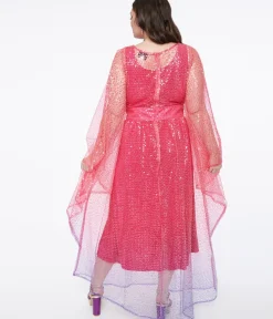 Unique Vintage Maxi|Caftans>Plus Size 1970s Sheer Pink & Purple Ombre Sequin Flutter Sleeve Caftan