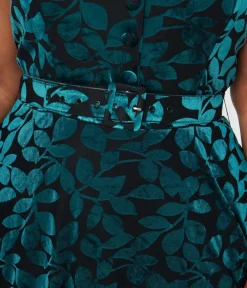 Unique Vintage Swing|Pocket Dresses>Plus Size 1950s Teal & Black Velvet Burnout Capelet Swing Dress