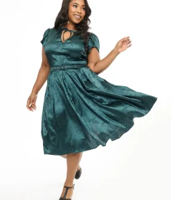 Unique Vintage Swing|Pocket Dresses>Plus Size 1940s Teal Floral Print Dahlia Swing Dress