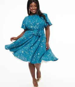 Unique Vintage Swing|Swing>Plus Size 1930s Teal & Gold Star Swing Dress