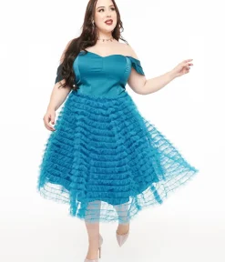 Unique Vintage Swing|Swing>Plus Size 1950s Teal Mesh Tulle Off The Shoulder Swing Dress