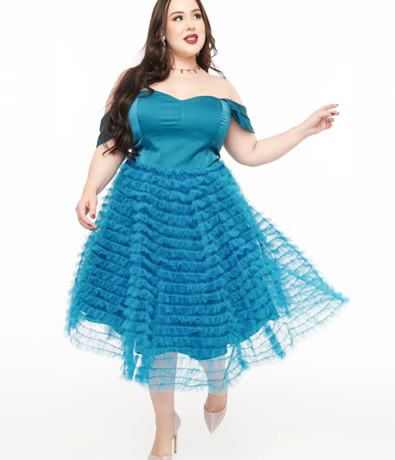 Unique Vintage Swing|Swing>Plus Size 1950s Teal Mesh Tulle Off The Shoulder Swing Dress