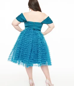 Unique Vintage Swing|Swing>Plus Size 1950s Teal Mesh Tulle Off The Shoulder Swing Dress