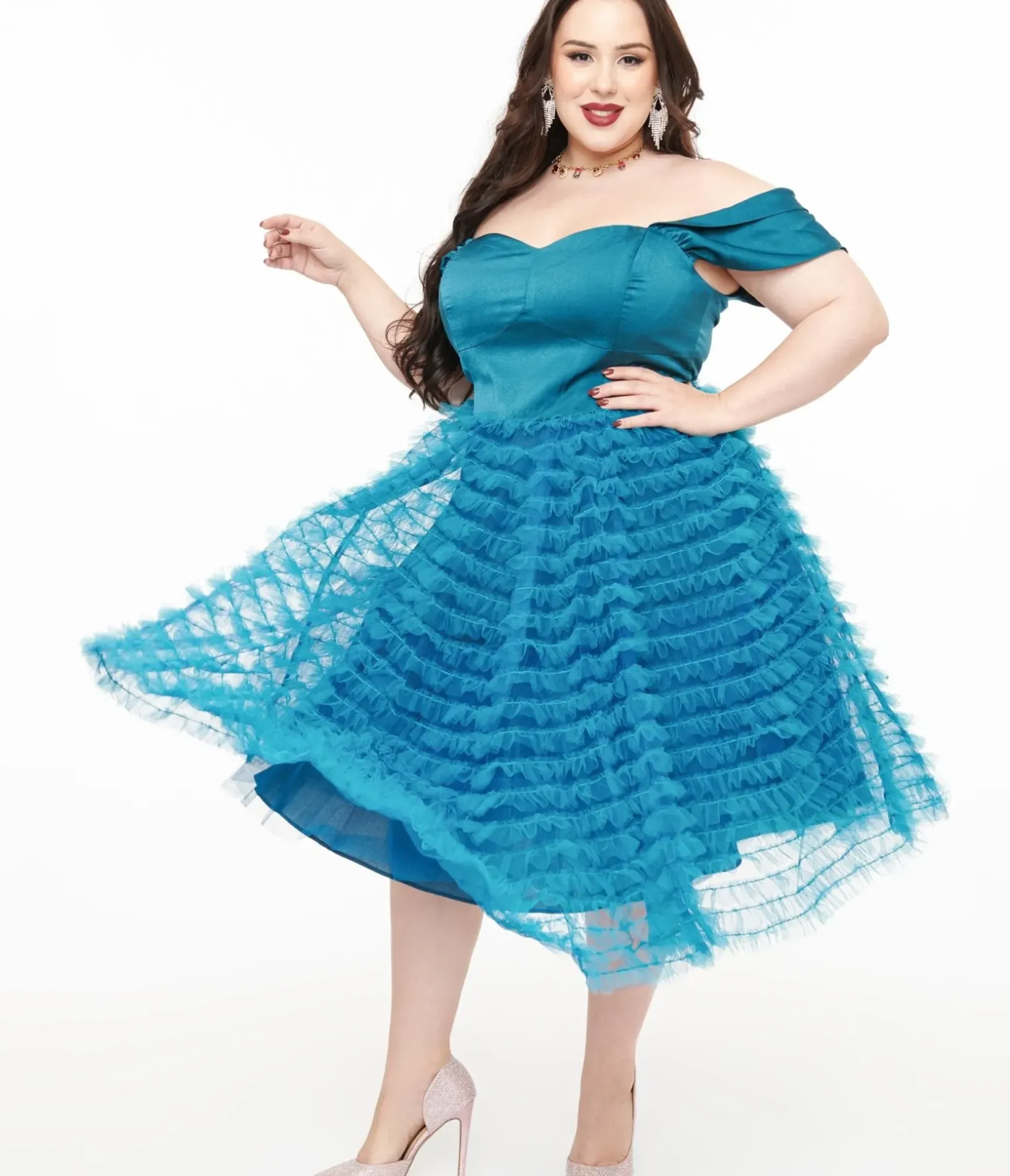 Unique Vintage Swing|Swing>Plus Size 1950s Teal Mesh Tulle Off The Shoulder Swing Dress