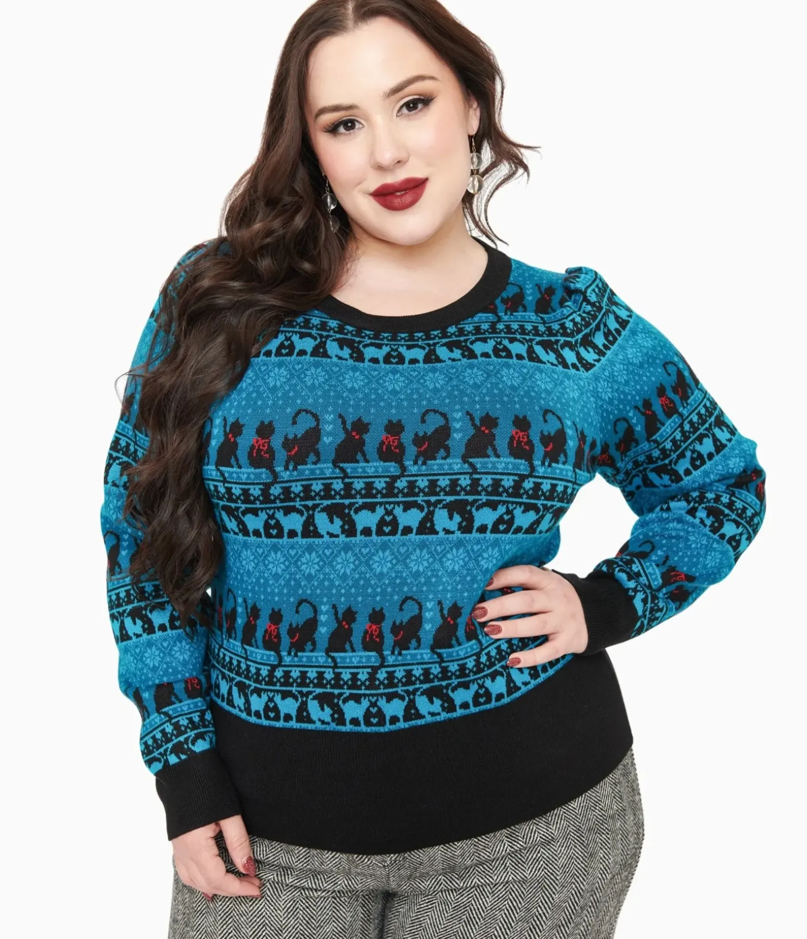 Unique Vintage Sweaters & Cardigans|Sweaters & Cardigans>Plus Size 1950s Teal Snowflakes & Cats Sweater