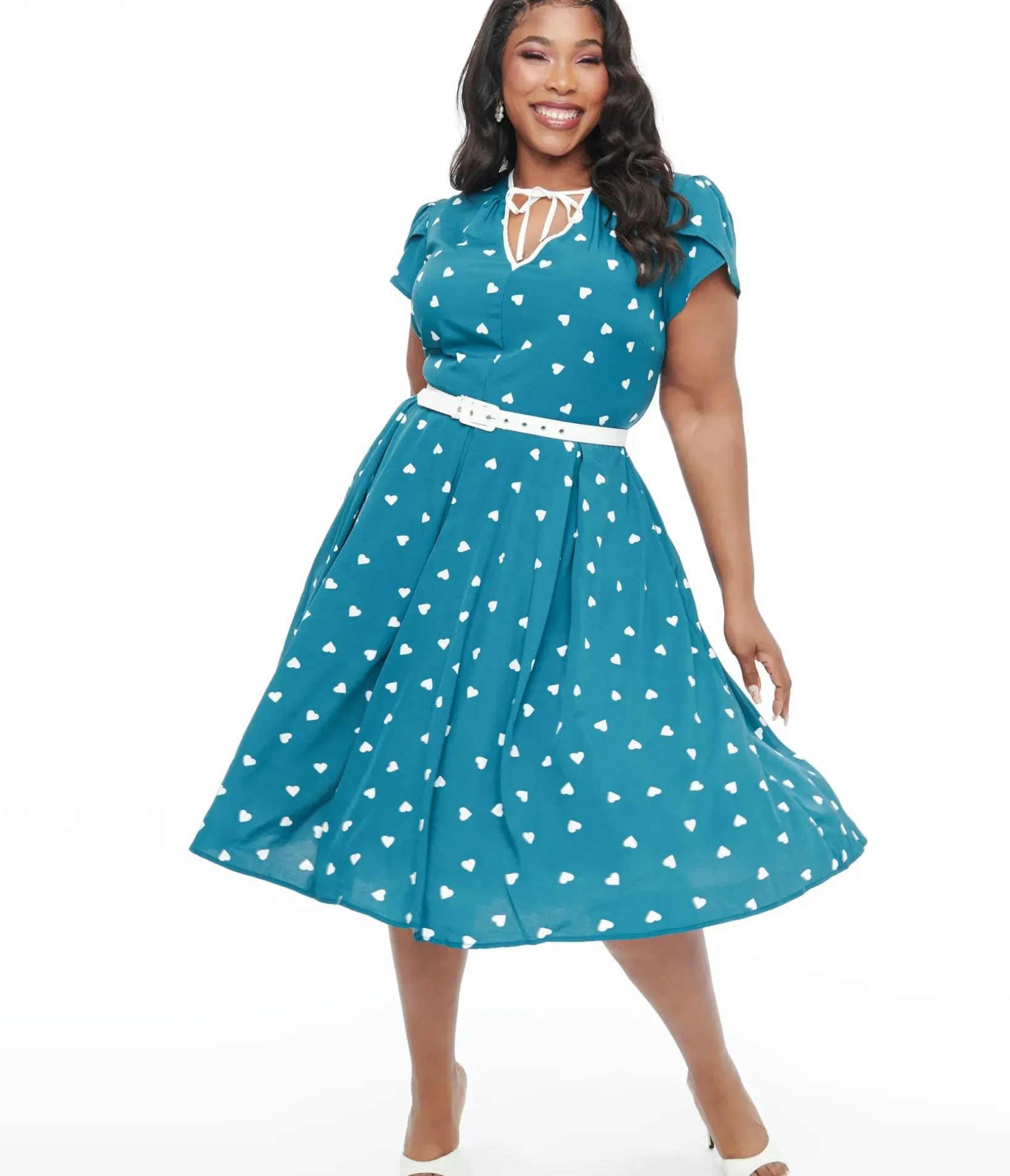 Unique Vintage Swing|Pocket Dresses>Plus Size 1940s Teal & White Heart Dahlia Swing Dress