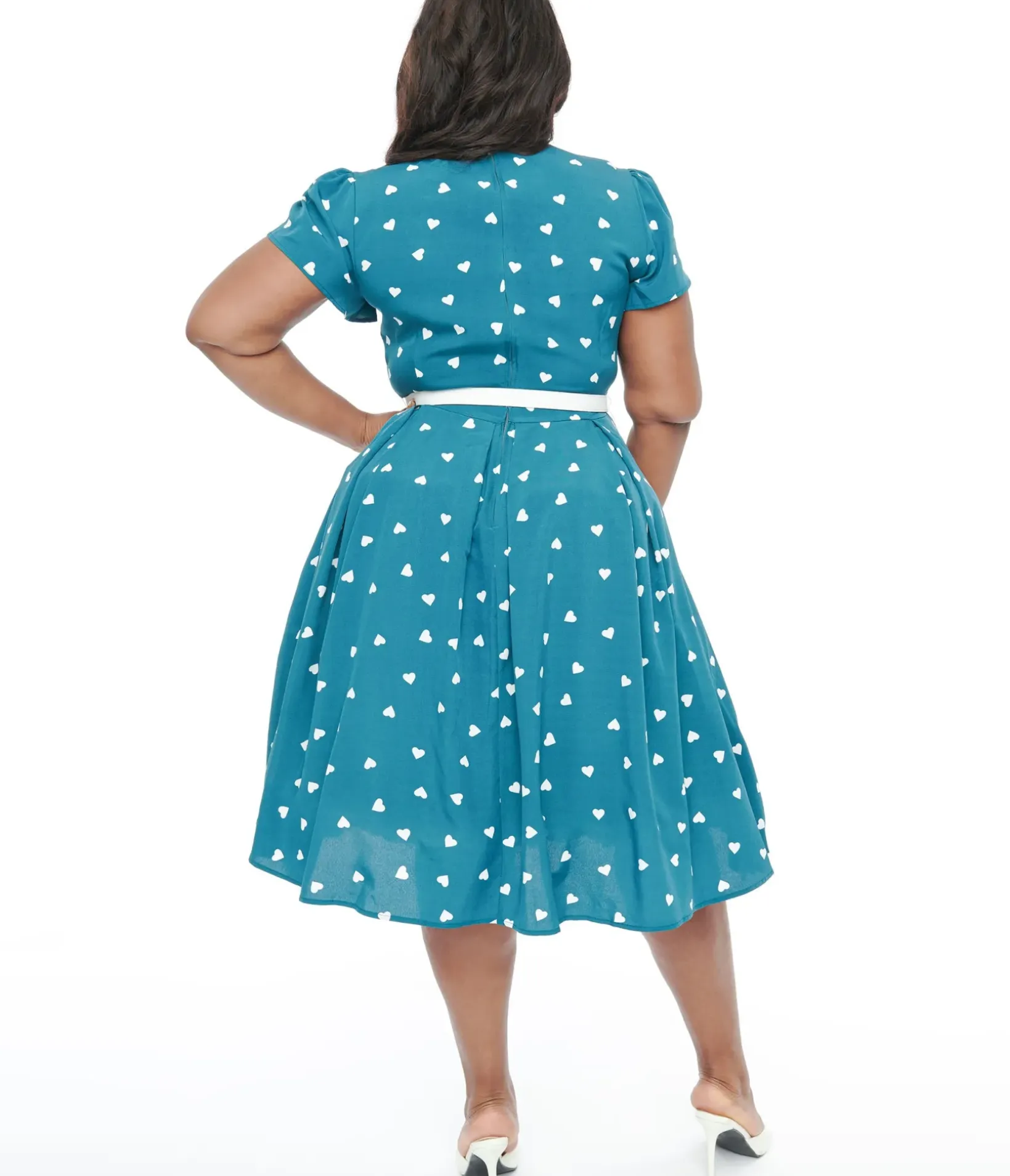 Unique Vintage Swing|Pocket Dresses>Plus Size 1940s Teal & White Heart Dahlia Swing Dress