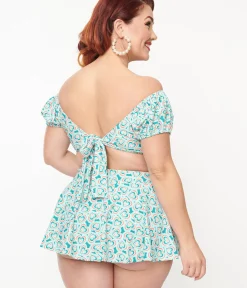 Unique Vintage Two Piece Swim|Swim Tops>Plus Size 1940s Turquoise Retro Hearts Off The Shoulder Swim Top