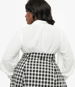Unique Vintage Blouses|Blouses>Plus Size 1940s White Clip Dot Long Sleeve Bow Blouse