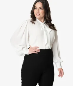 Unique Vintage Blouses|Blouses>Plus Size 1940s White Neck Tie Gwen Blouse
