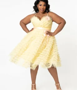Unique Vintage Swing|Swing>Plus Size 1950s Yellow Tulle Cupcake Swing Dress