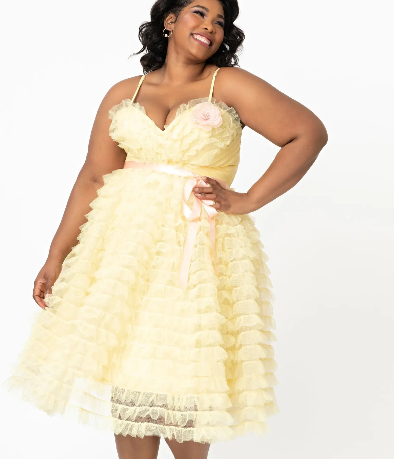 Unique Vintage Swing|Swing>Plus Size 1950s Yellow Tulle Cupcake Swing Dress