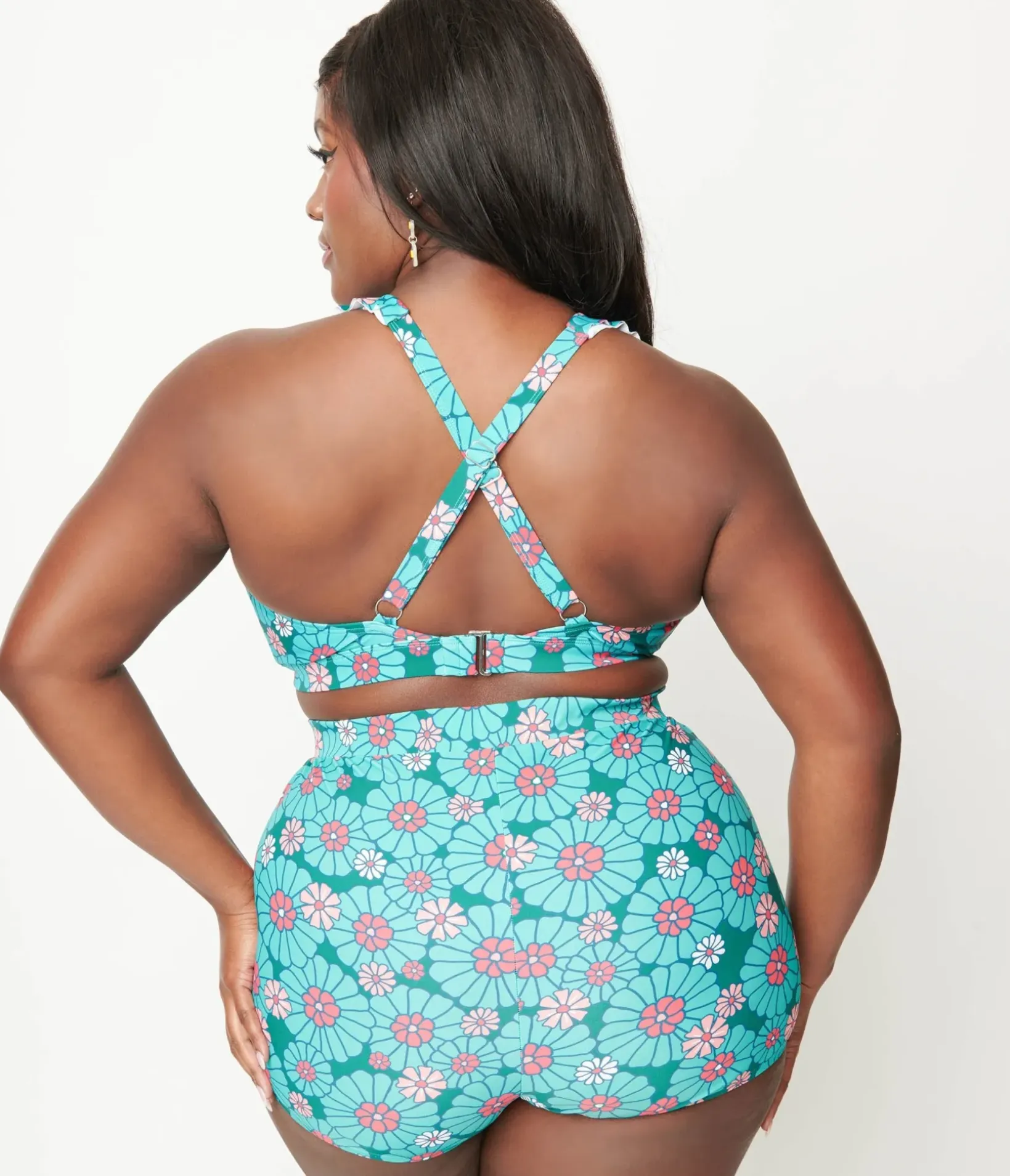 Unique Vintage Two Piece Swim|Swim Bottoms>Plus Size Teal Flower Child High Waist Skort Swim Bottom