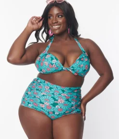 Unique Vintage Two Piece Swim|Swim Tops>Plus Size Teal Flower Child Monroe Halter Swim Top